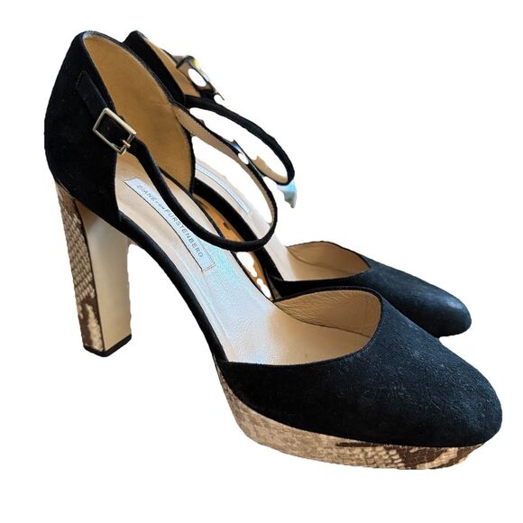 Diane Von Furstenberg Mary Jane Platforms Sz 10 Black Suede Python Pattern Heels - Picture 1 of 12